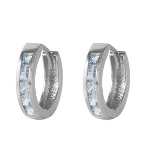 14K. SOLID GOLD HOOP HUGGIE EARRING WITH AQUAMARINES (White Gold)